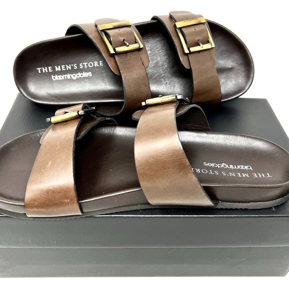 The Men's Store Bloomingdales Devin Soft Brown Leather Men's Slides Sandals - Picture 1 of 4